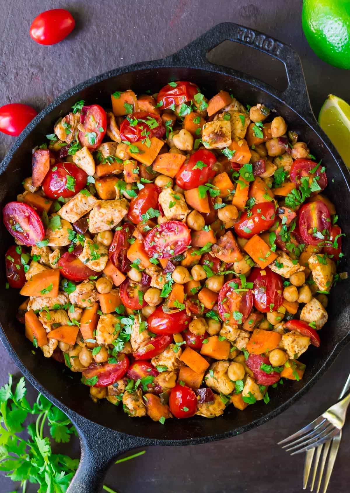 Chipotle Chicken Skillet with Sweet Potatoes and Chickpeas