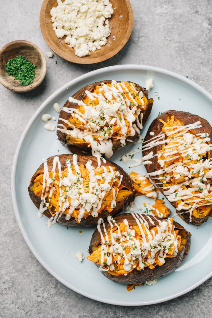 Buffalo Chicken Stuffed Sweet Potatoes