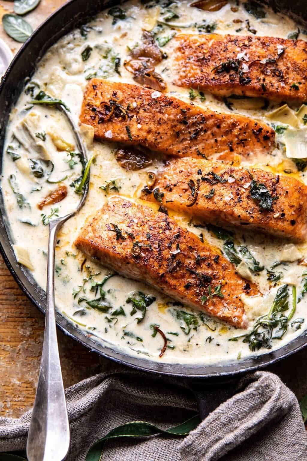 Baked Salmon with Spinach and Artichokes