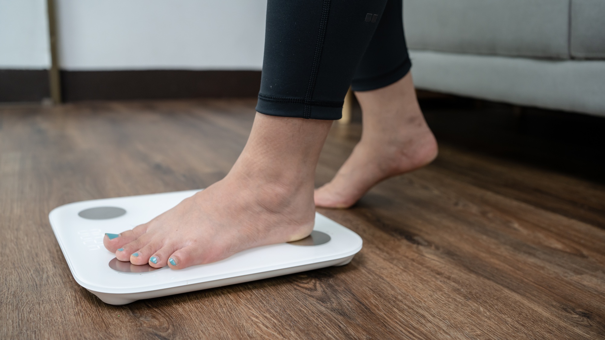 Fat diet and scale feet standing on electronic scales for weight control.