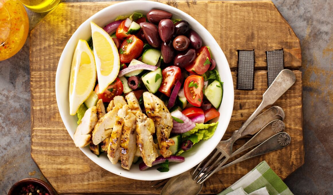 Grilled chicken and fresh vegetables chopped salad