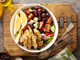 Grilled chicken and fresh vegetables chopped salad