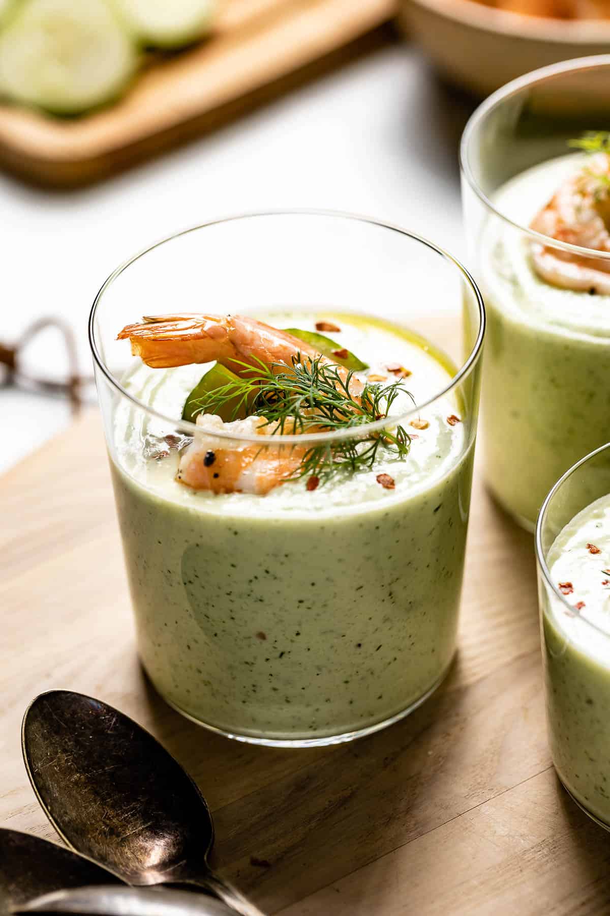 Cucumber and Yogurt Soup with Herb Shrimp