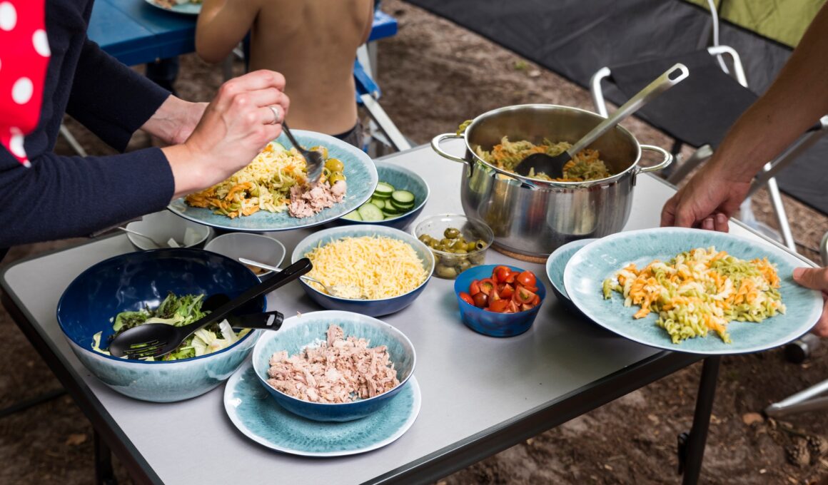 camping meal with lettuce and pasta