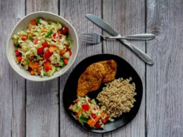 Keto dinner on wooden background